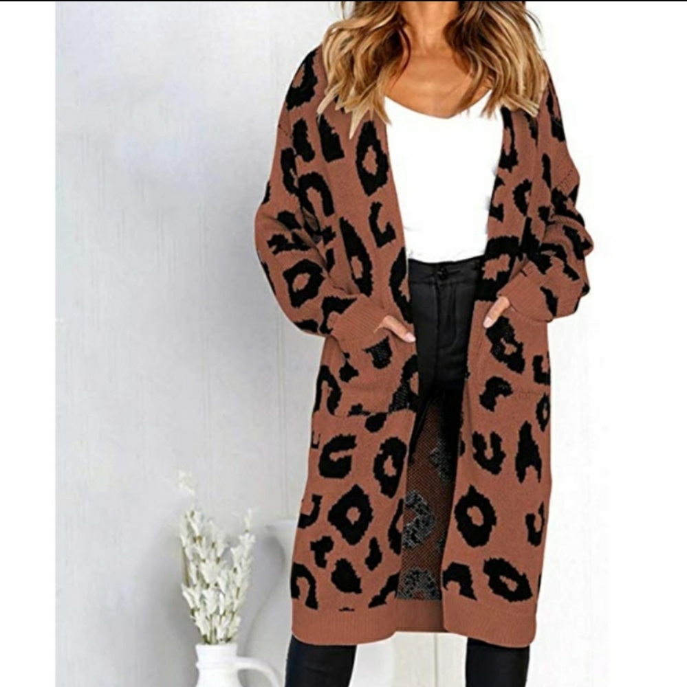 Leopard Print Sweater Cardigan Duster w/ Pockets - Picture 1 of 5